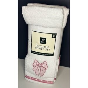 Member's Mark Kitchen Towel Set  OS White Pink NEW Valentine Bow Heart Striped